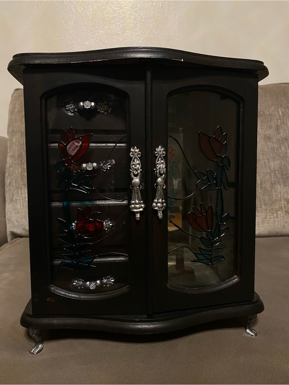 Vintage Hand Painted Black Wooden Jewelry Armoire with Stained Glass Doors - Picture 2 of 9